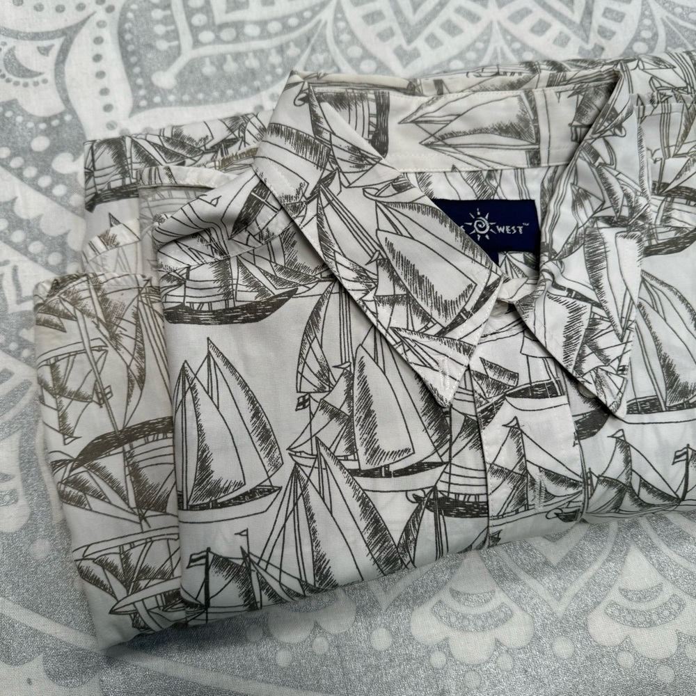 vintage men sailboat print buttondown shirt white gray nautical 100%cotton large - Picture 13 of 13